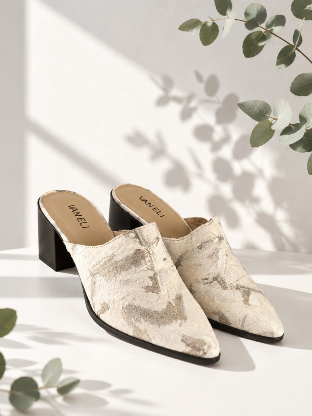 Vaneli Cream Marble-Textured Pointed Mule with Black Block Heel